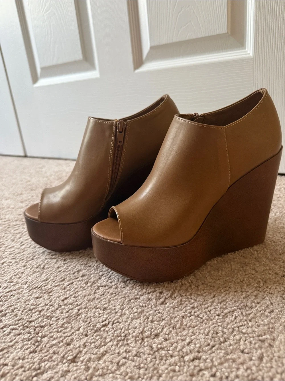 Refresh Tan Brown Peep-Toe Wedge Booties